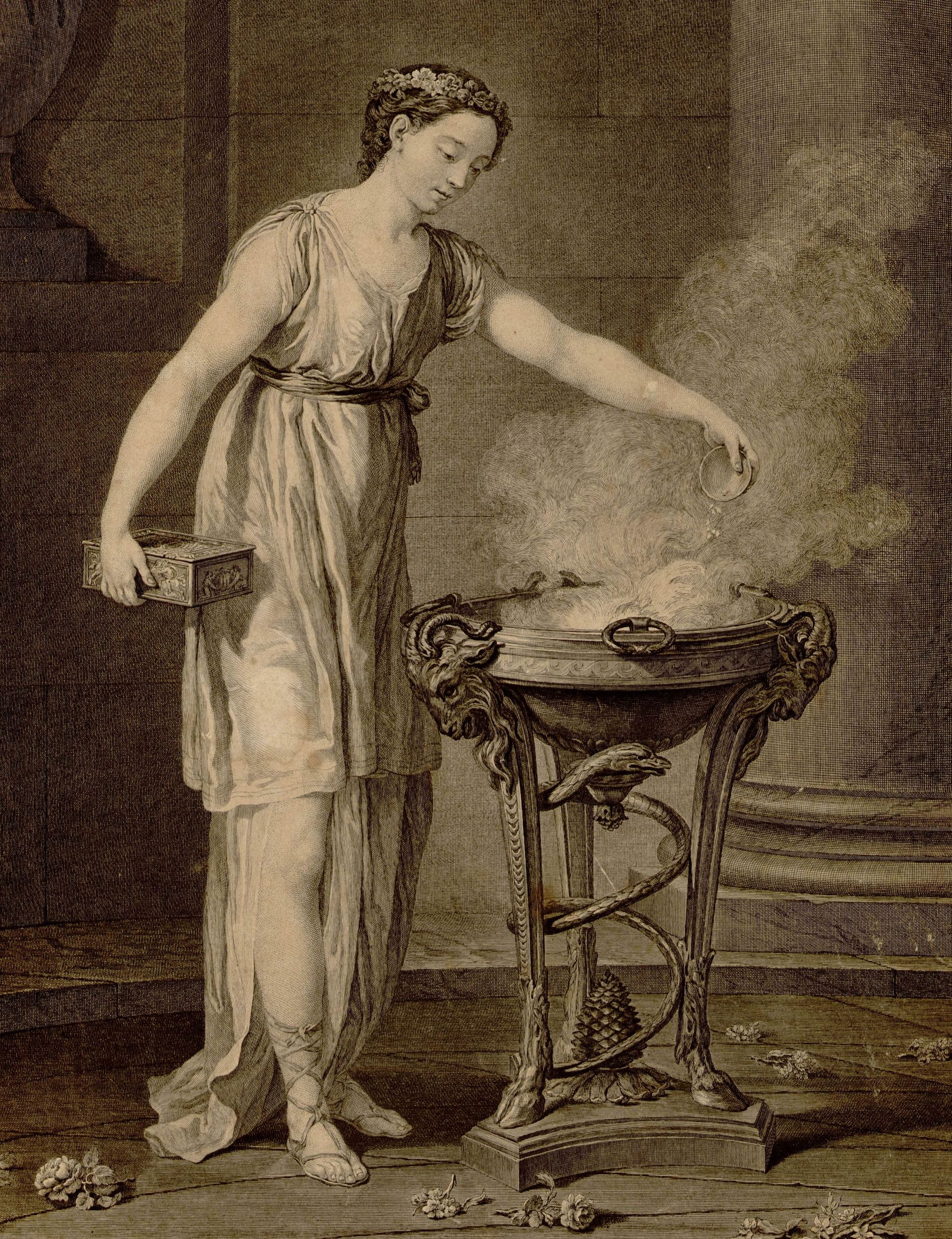 Joseph-Marie Vien, Jean-Jacques Flipart, La vertueuse athénienne, 18e siècle, gravure, Montpellier, musée Fabre