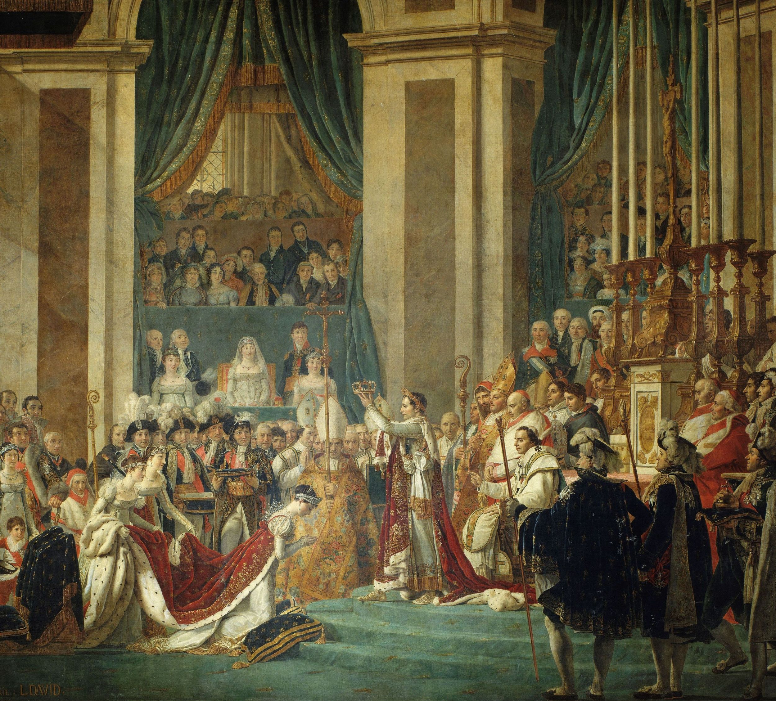 Jacques Louis David, Sacre de l'empereur Napoléon Ier et couronnement de l'impératrice Joséphine à Notre-Dame de Paris, 2 décembre 1804, Huile sur toile, Versailles, châteaux de Versailles et de Trianon